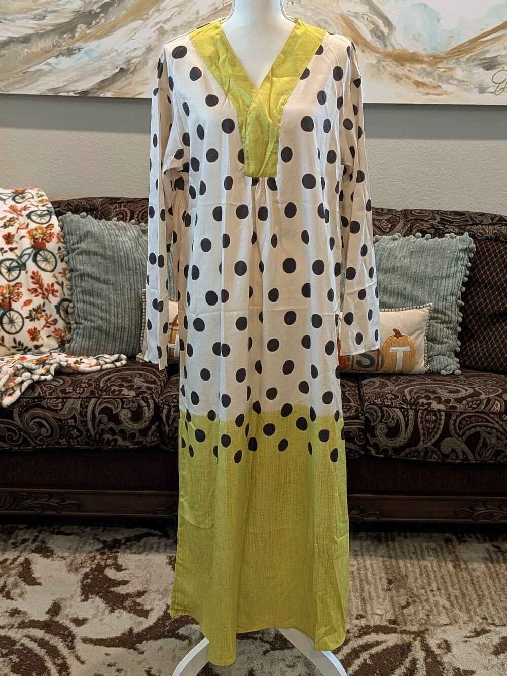 Lime & Cream Polka Dot Long Sleeve Maxi Dress